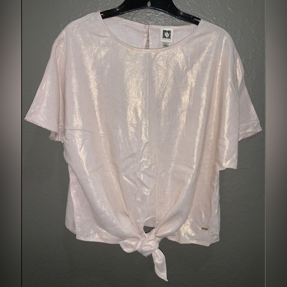 NWT ANNE KLEIN Pink & Gold Linen Blend Pearlescent Sz M Bowed Front Hem Luxury - Picture 1 of 10